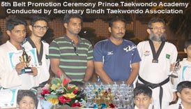 Secretatry Sindh Taekwondo Association Kamran Kamar Kuraishi conducted 5th belt promotion test Prince Taekwondo Academy